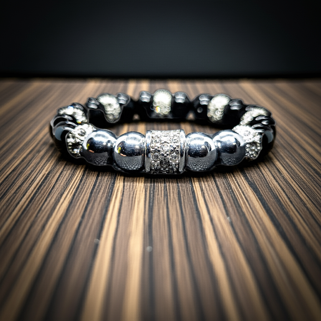 Black Agate Stretch Bracelet ( Silver Hematite)