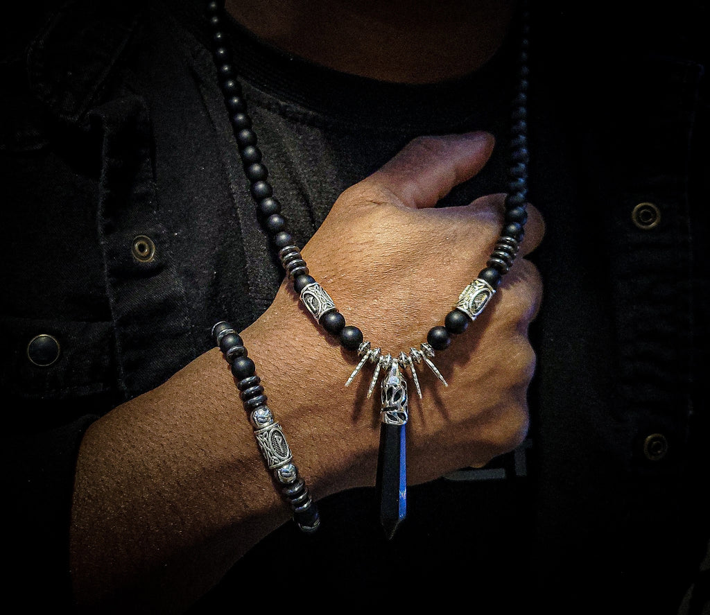 Viking Rune Matte Onyx Necklace and Bracelet Set