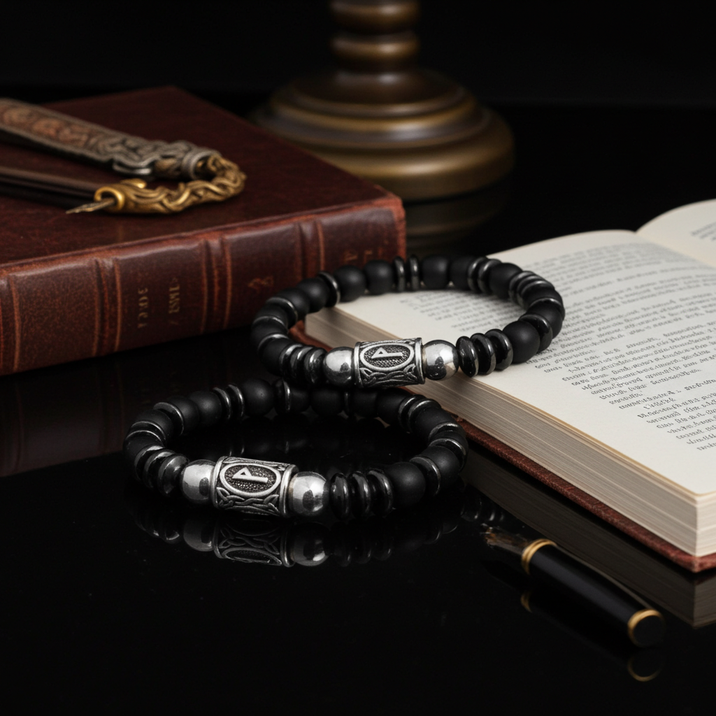 Viking Rune Matte Onyx Necklace and Bracelet Set