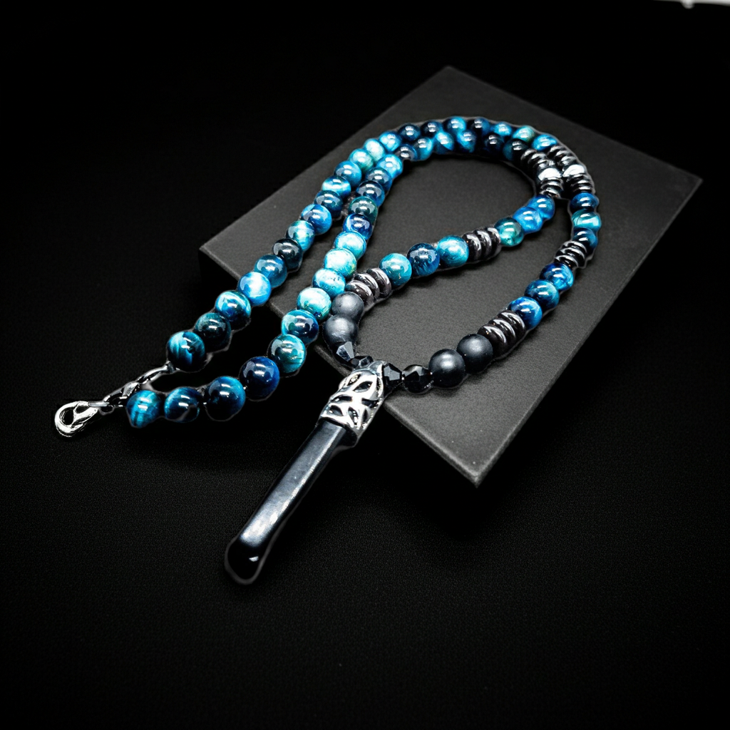 Blue Tiger Eye Clasps Necklace(Matte Onyx, Hematite)