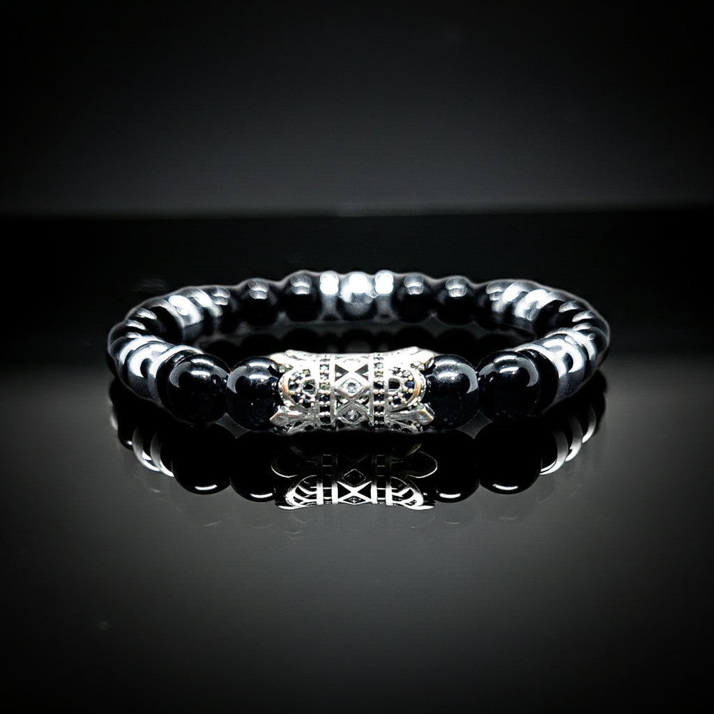 Obsidian stretch bracelet(silver Hematite)