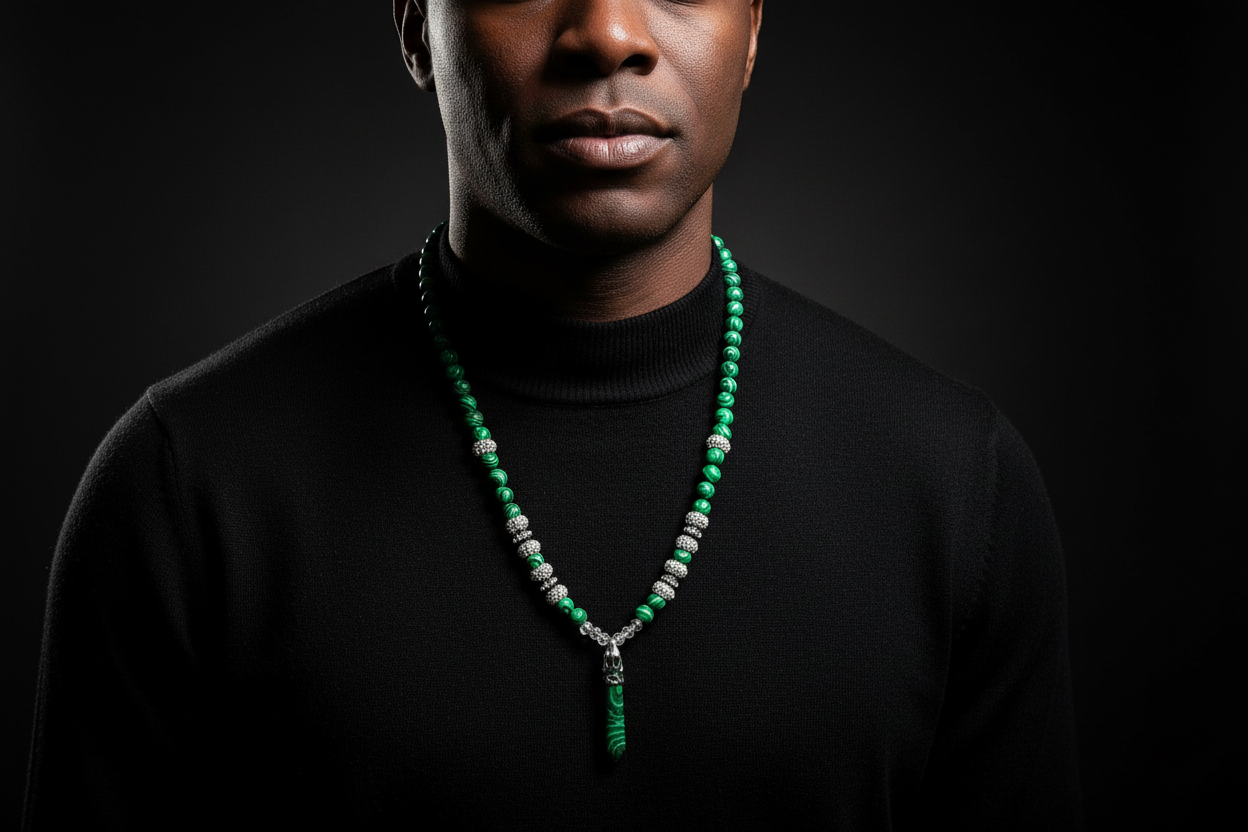 Men's 8mm Malachite beaded Necklace