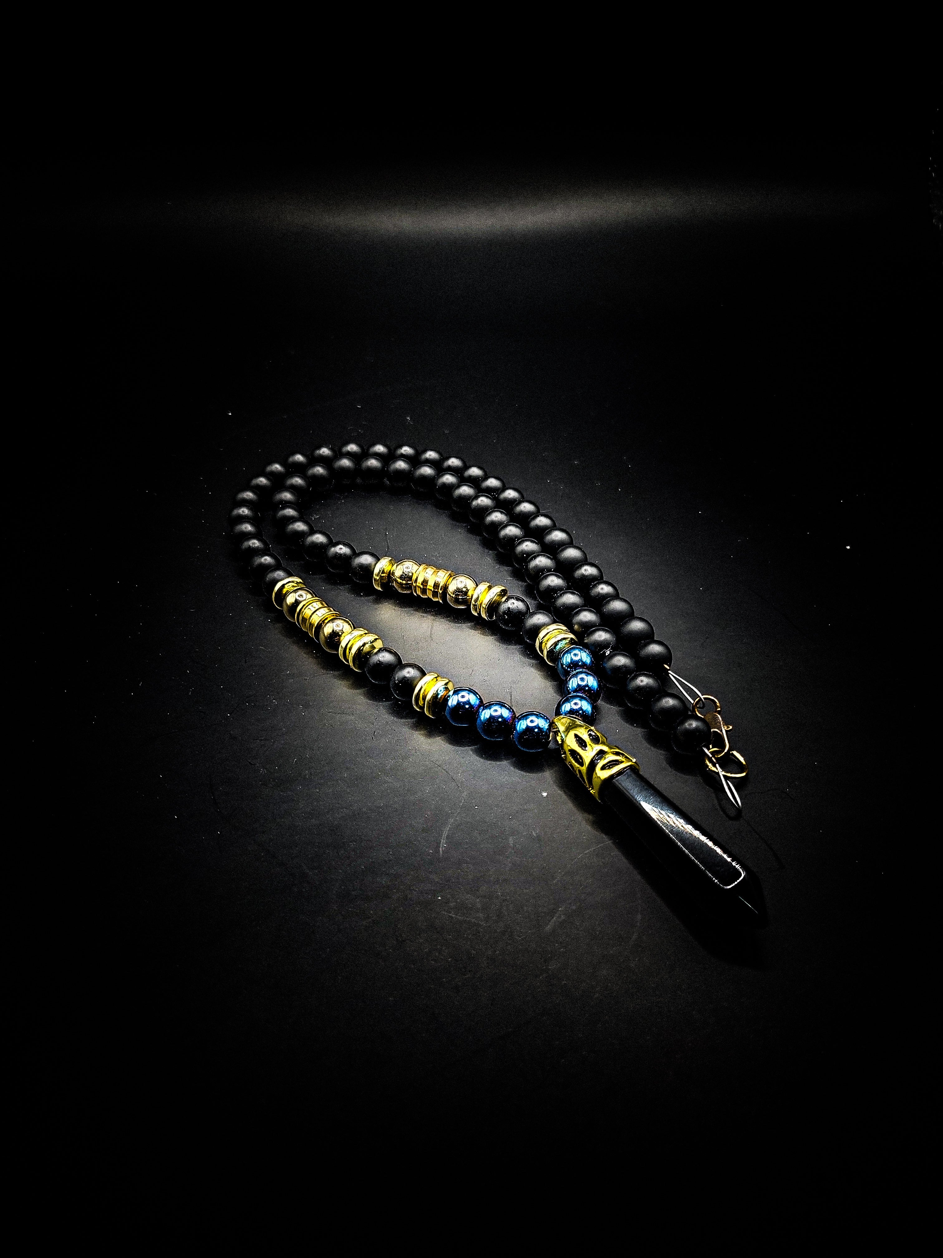 Men's Obsidian pendent beaded necklace