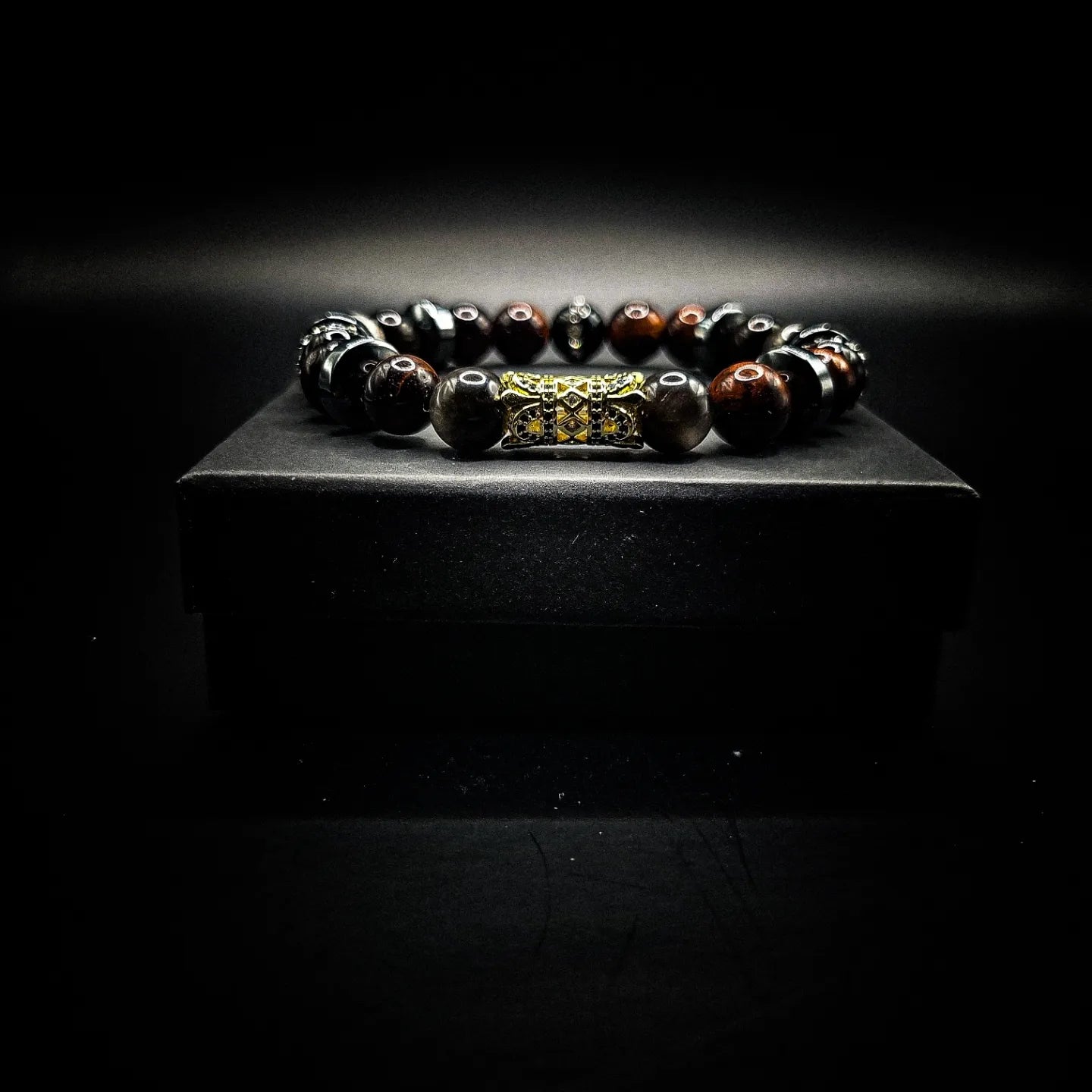 Mens 10mm Tiger's Eye Rhinestone Stretch Bracelet