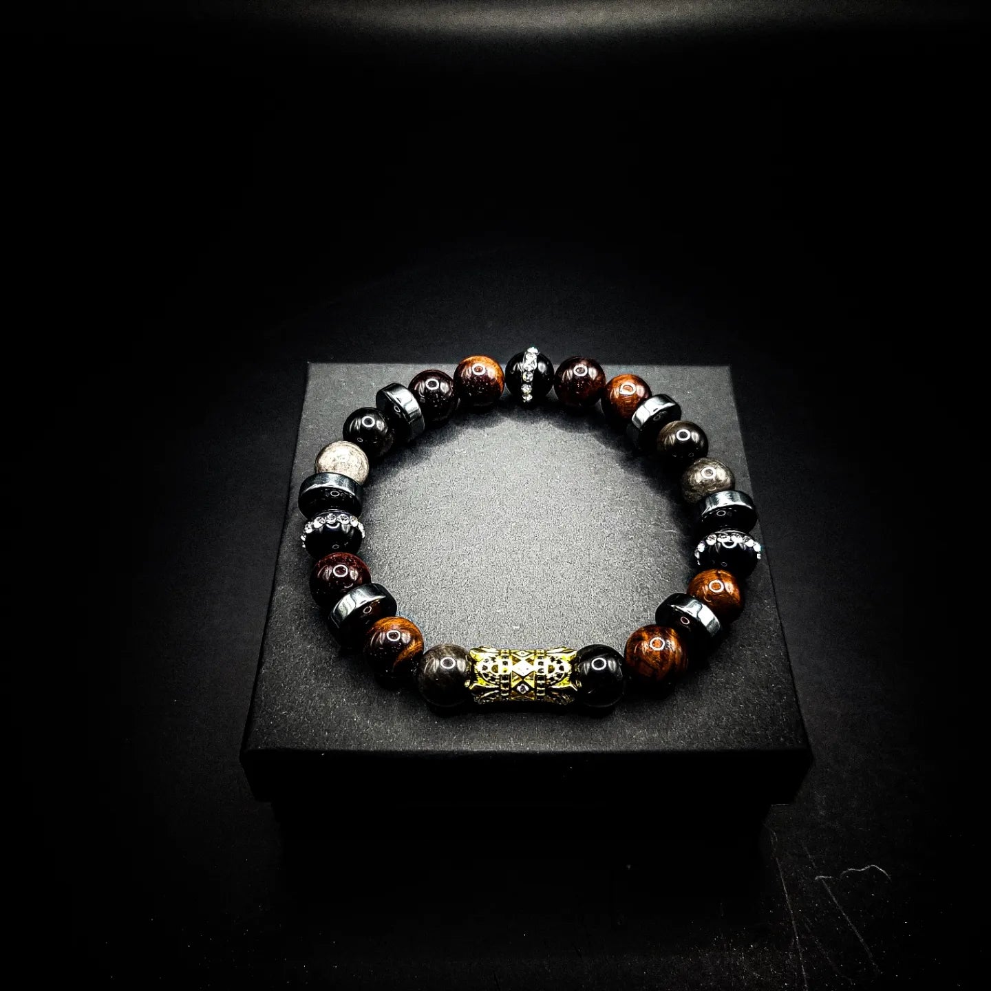 Mens 10mm Tiger's Eye Rhinestone Stretch Bracelet