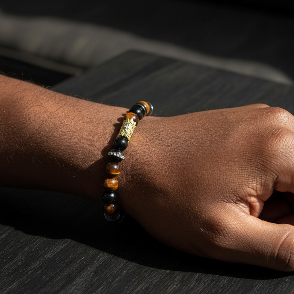 Mens 10mm Tiger's Eye Rhinestone Stretch Bracelet