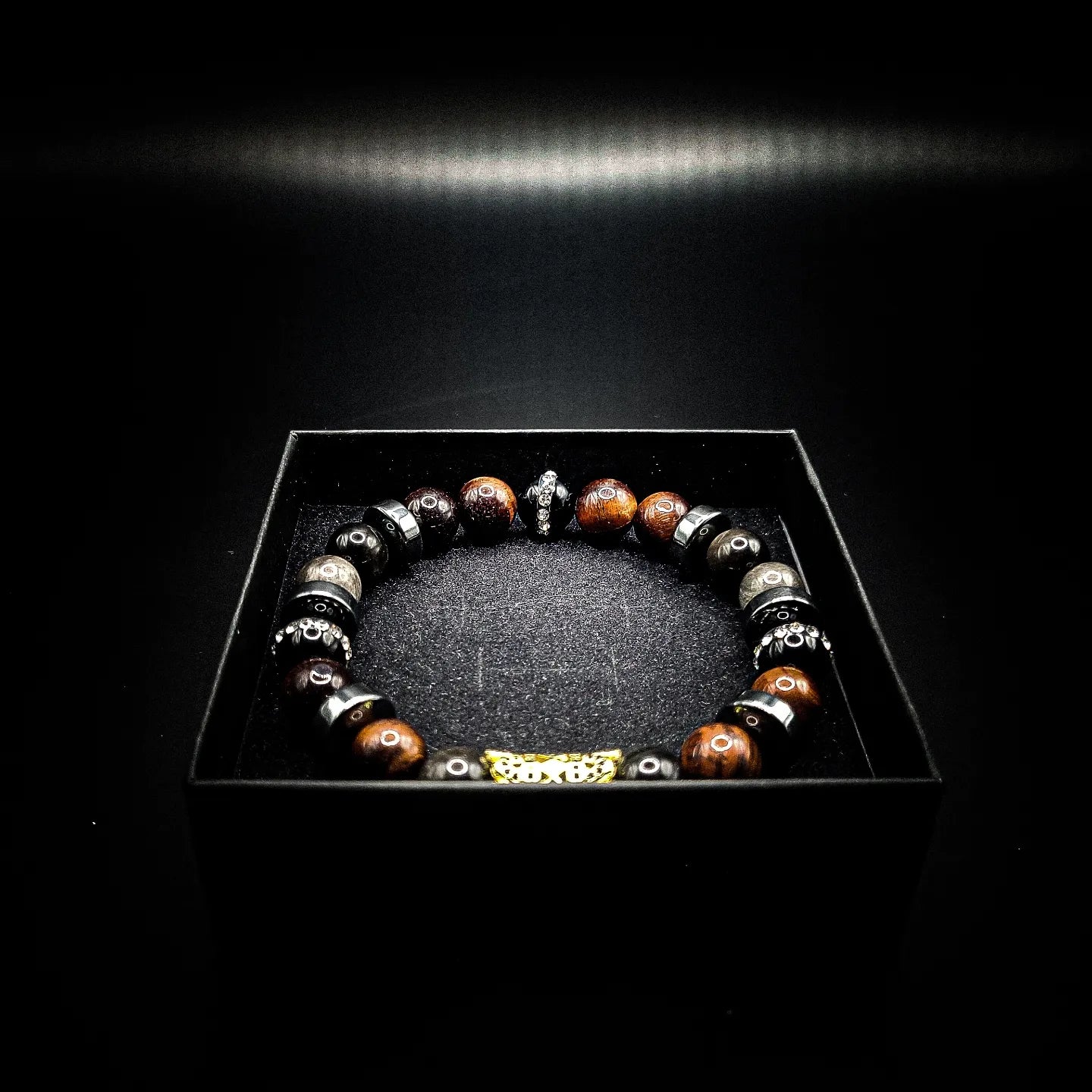 Mens 10mm Tiger's Eye Rhinestone Stretch Bracelet
