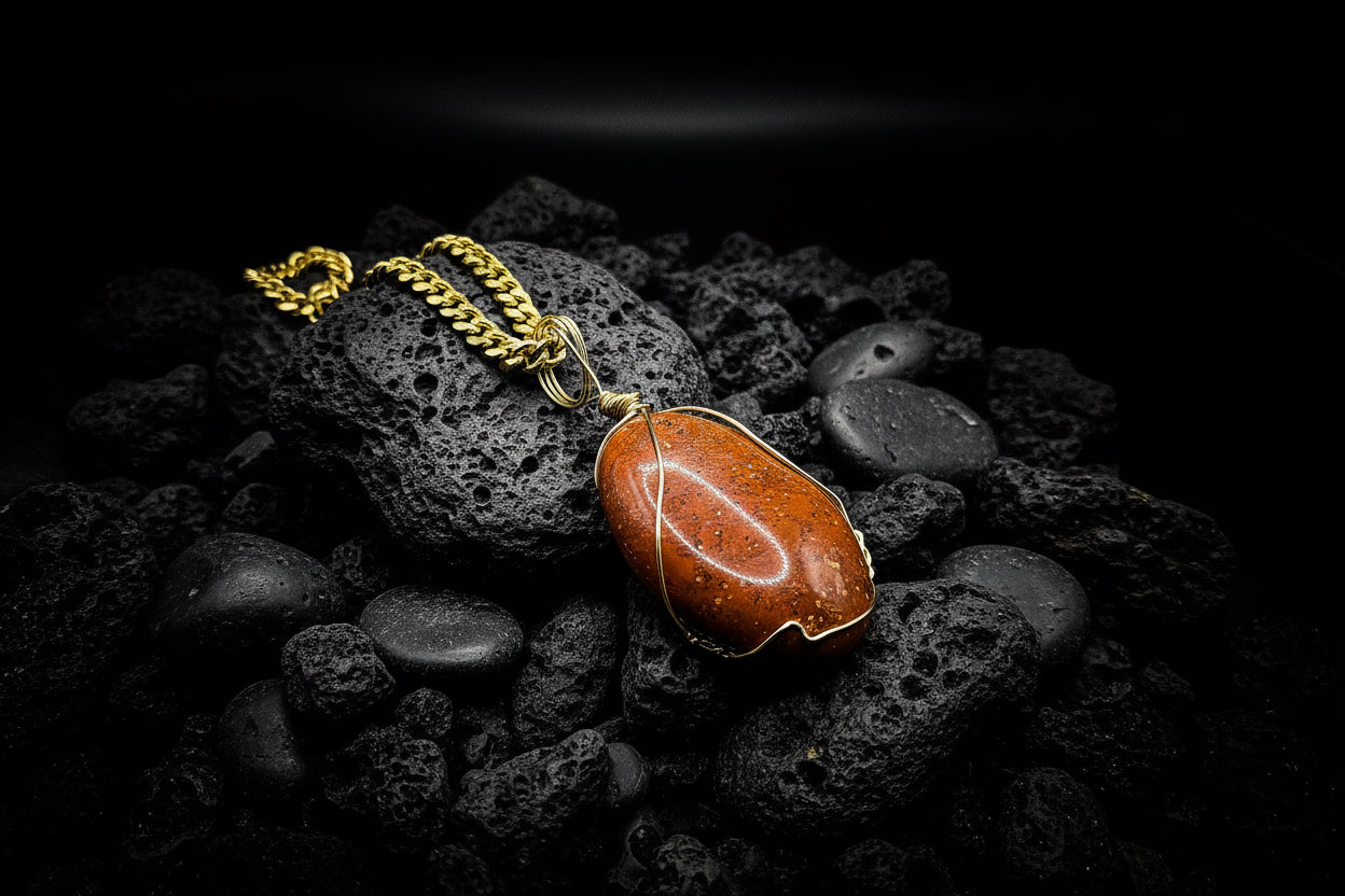 Red Jasper stainless steel gold chain necklace