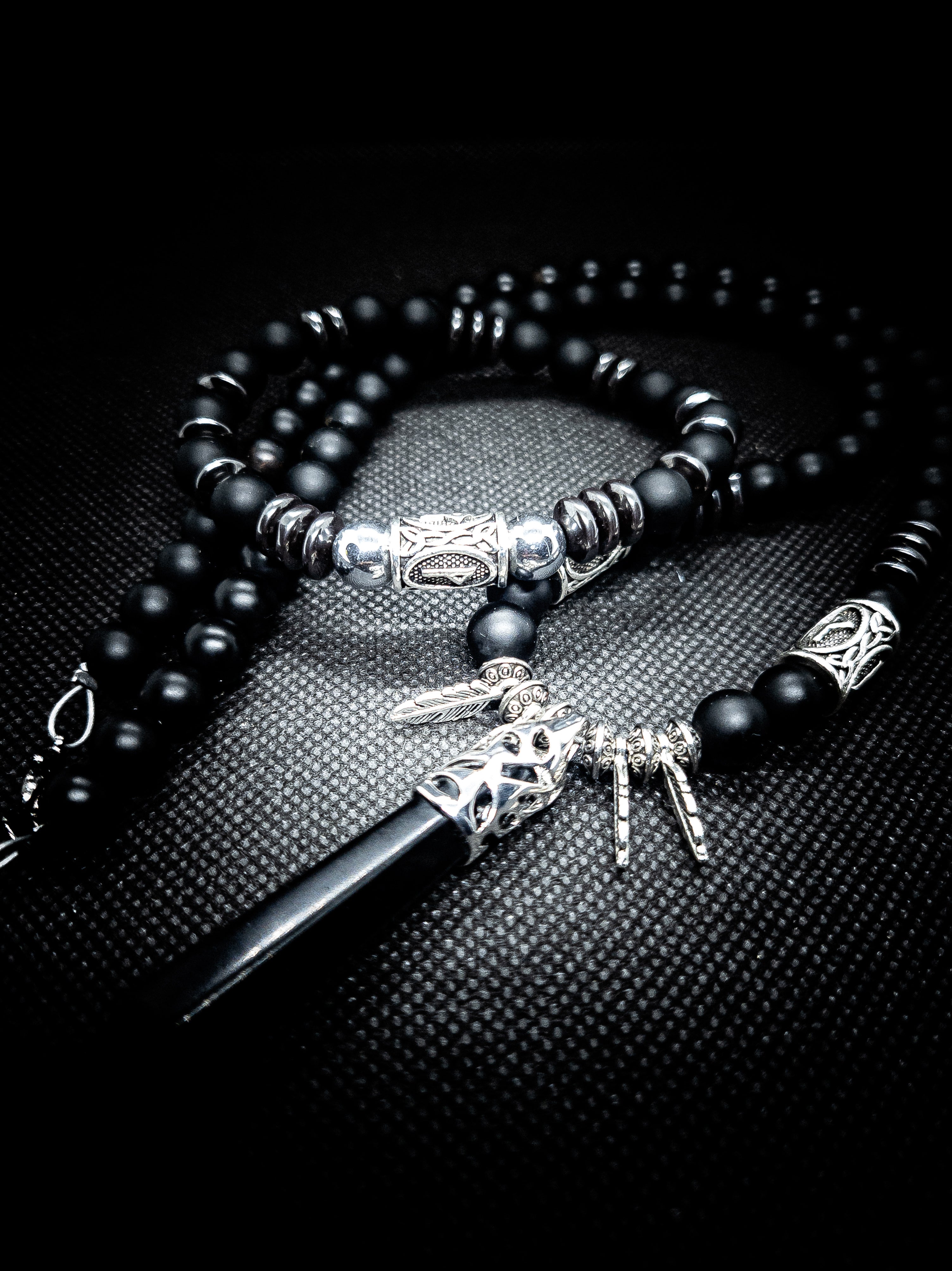 Viking Rune Matte Onyx Necklace and Bracelet Set