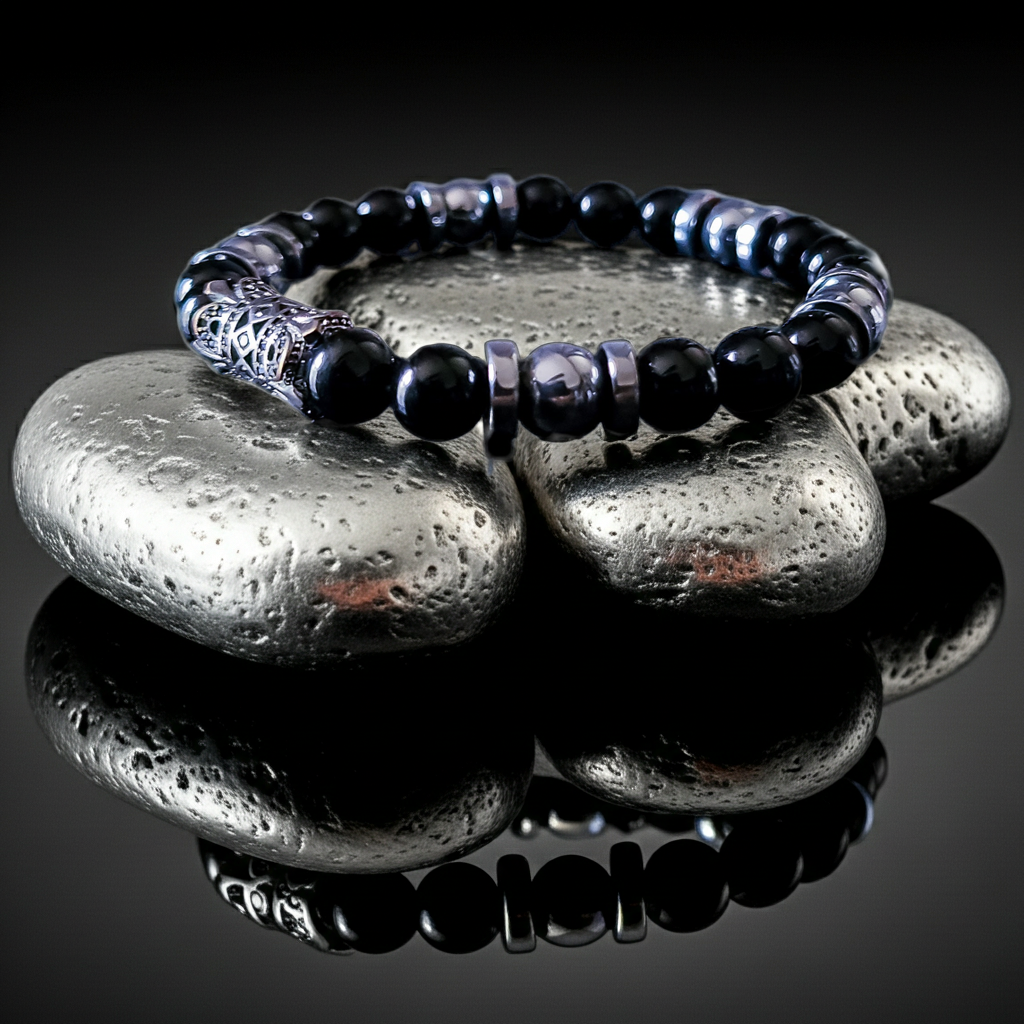 Obsidian stretch bracelet(silver Hematite)