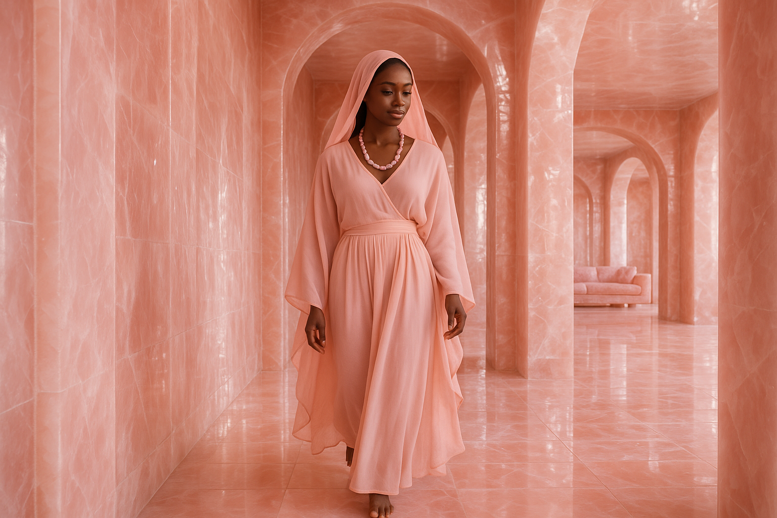 a beautiful black woman dressed in pink robe with a pink veil on her head and she’s also wearing a rose quartz beaded necklace. She is walking down the hallway  made of pure gloss rose quartz . The walls of the hallway is gloss rose quartz and so is the floor. As the woman reaches the end of the hallway she enters into a living room made of pure rose Quartz 