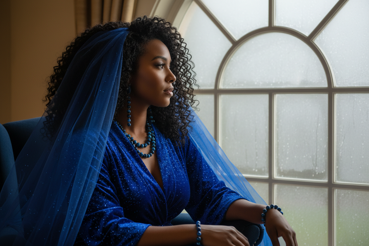 A Beautiful black woman with curly black hair is set next to the window which is foggy outside and dem. the woman is dressed in royal blue rob with blue glitter on both the rob and blue veil. on each of her ears are blue tigers eye beaded earrings that are present along with a blue tigers eye beaded necklace around the womans neck and blue beaded tigers eye bracelet around her left wrist. her face is calm as she looks beyound the window