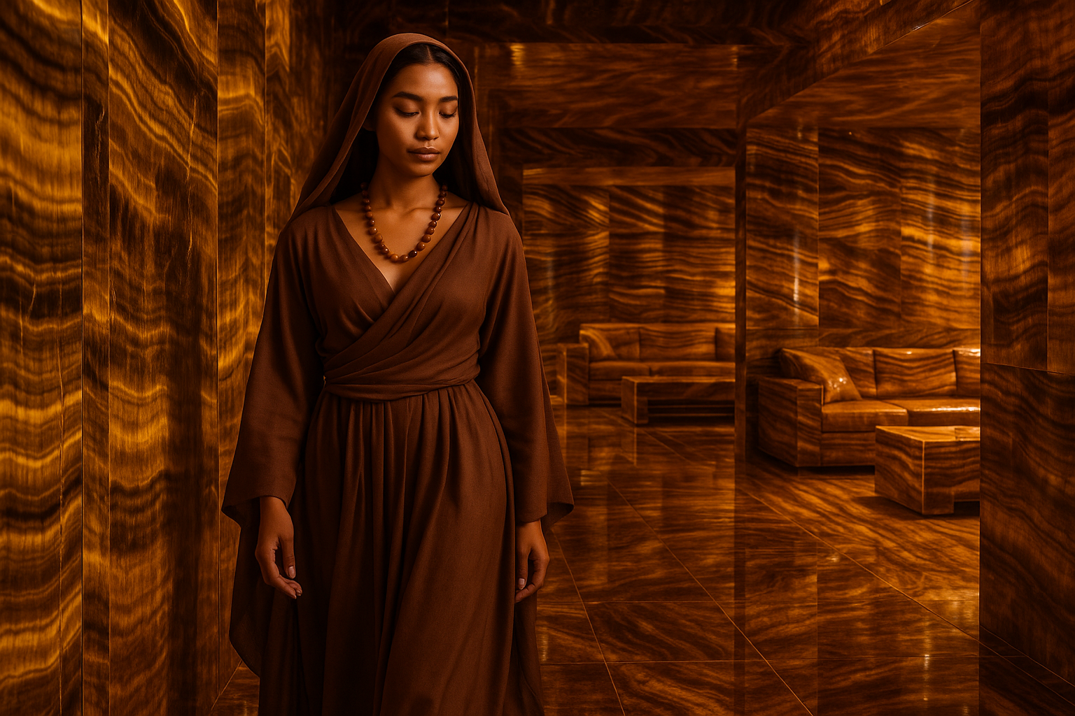 a beautiful brown skin Asian woman dressed in brown robe with a brown veil on her head and she’s also wearing a tigers eye beaded necklace. She is walking down the hallway  made of pure gloss tigers eye. The walls of the hallway is gloss tigers eye and so is the floor. As the woman reaches the end of the hallway she enters into a living room made of pure tigers eye