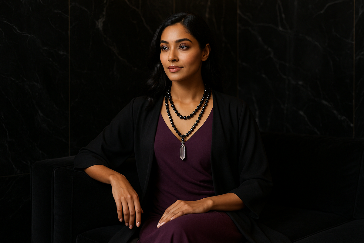 A Beautiful Indian Woman is wearing an open black robe with a purple dress underneath. She’s wearing. Double strand obsidian beaded necklace with hematite beads at the bottom. The necklace has a clear quartz pendant on it. The woman is sit on a black couch in a room made of pure obsidian 