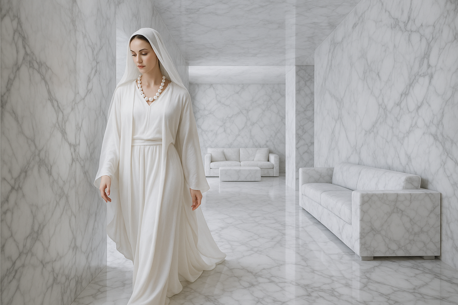 a beautiful white woman  dressed in white robe with a white veil on her head and she’s also wearing a white howlite beaded necklace. She is walking down the hallway  made of pure gloss white . The walls of the hallway is gloss white howlite and so is the floor. As the woman reaches the end of the hallway she enters into a living room made of pure white howlite