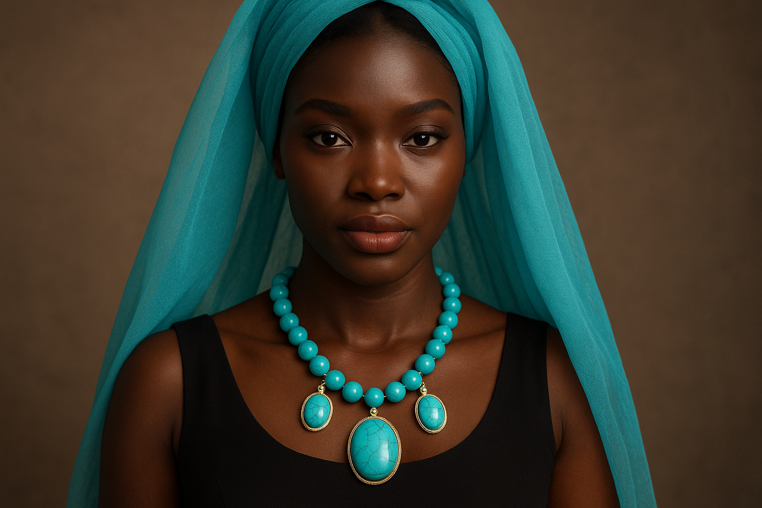 Beautiful black woman in a black dress with a turquoise color veil on her head and she’s wearing a 10mm beaded turquoise necklace with one big oval turquoise pendant and two smaller turquoise oval pendants with one on each side held together by gold cubic zirconia pendant holders