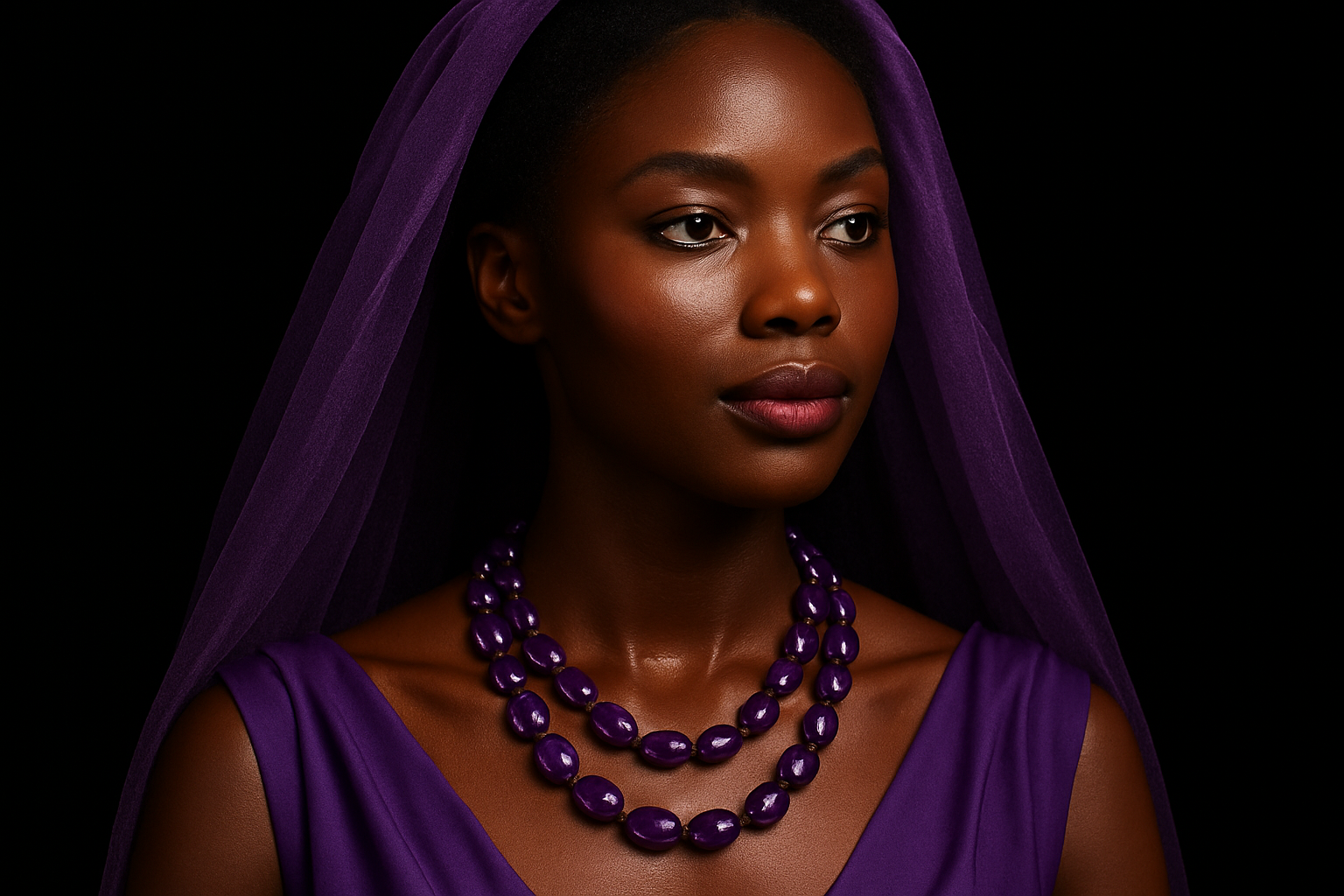 Beautiful black woman wearing a double strand Amethyst necklace with a purple dress with a purple veil on her head with background being pitch black. Her skin shines 