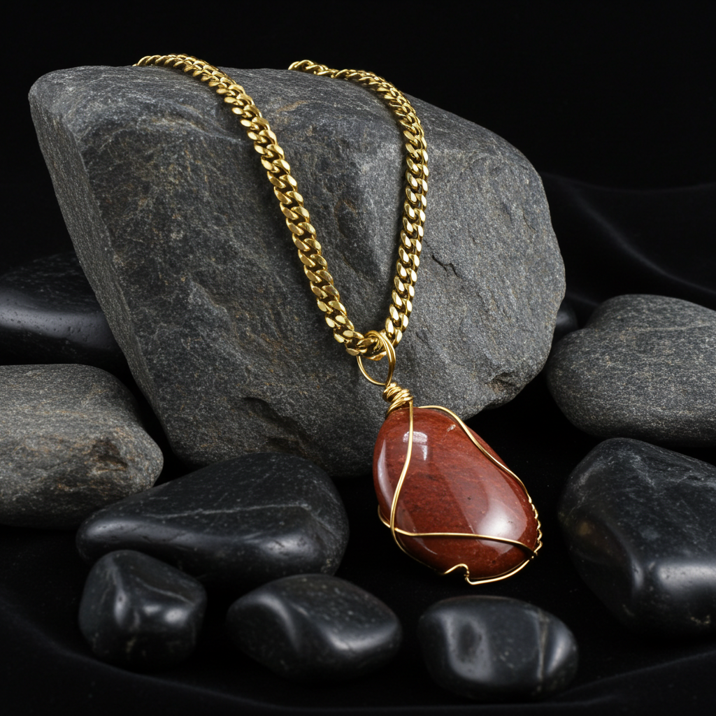 Red Jasper stainless steel gold chain necklace
