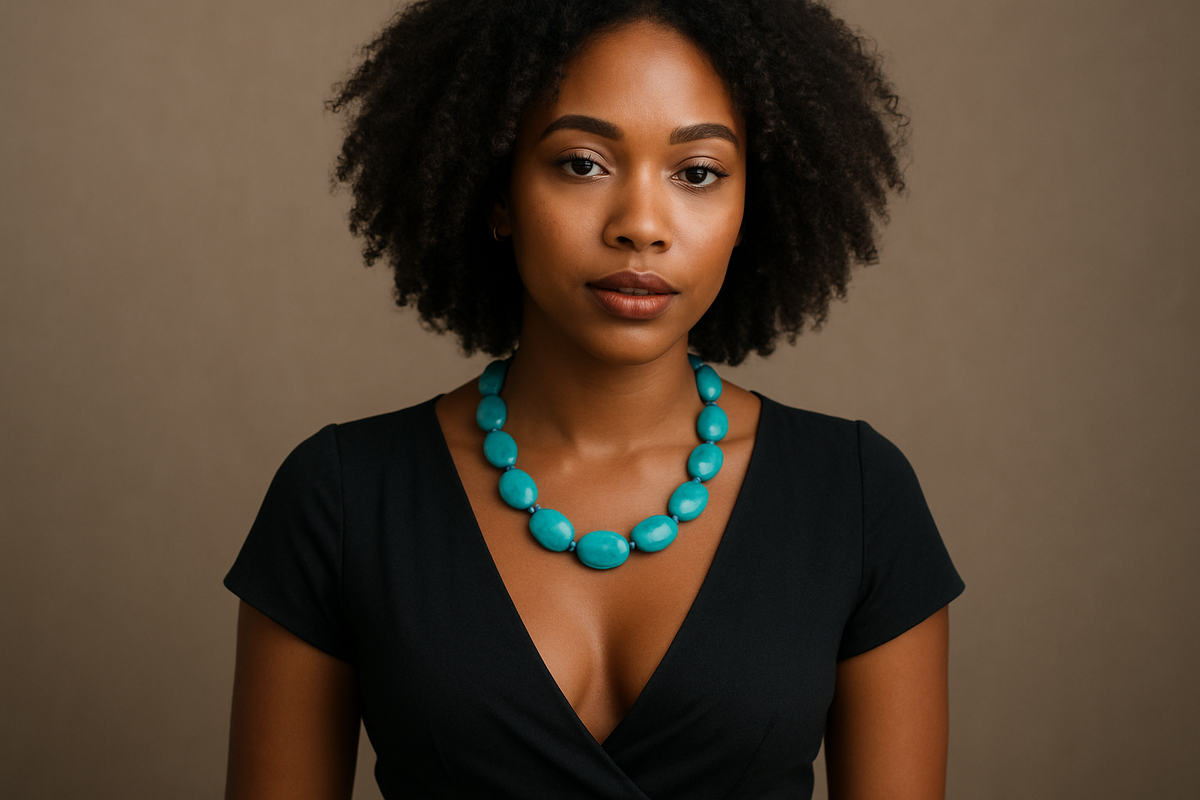 Person wearing a black dress with a turquoise necklace around her neck leaning open her beautiful brown skin