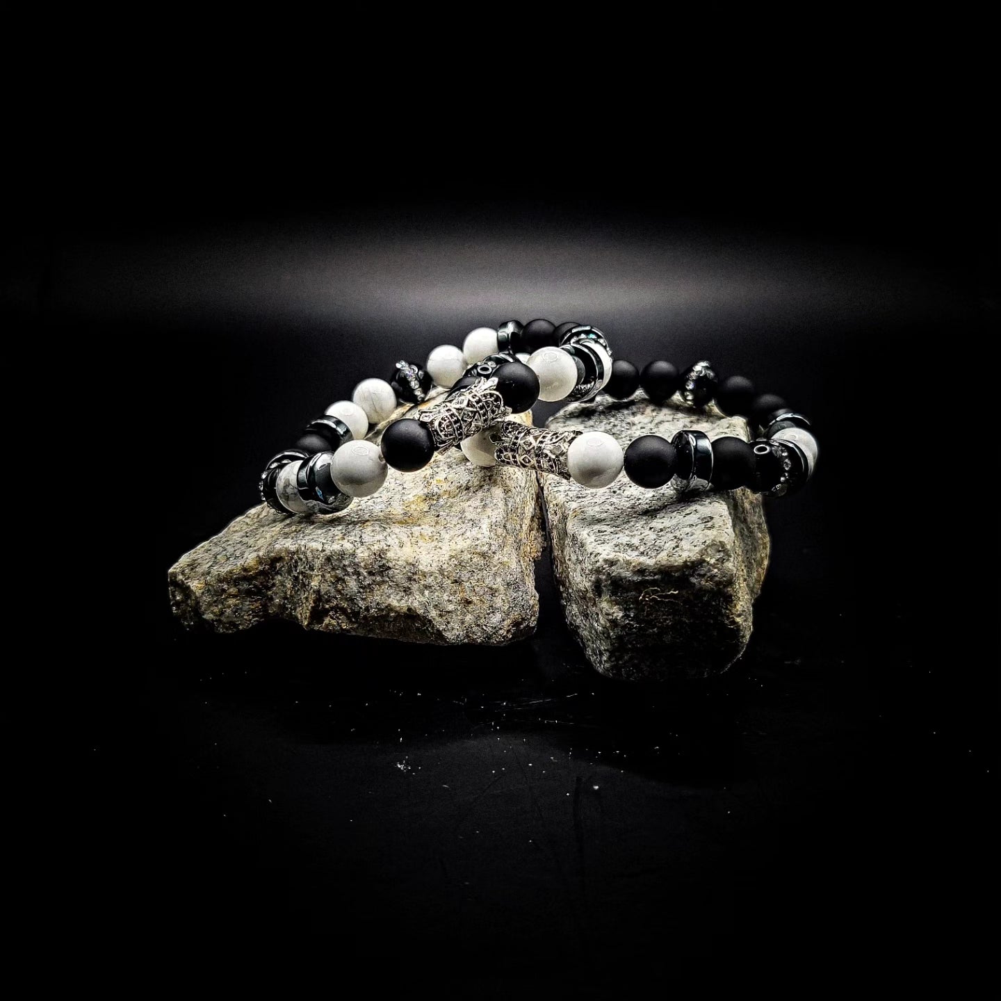 Men's 10mm 2 piece Matte Onyx and White Howlite Bracelet set