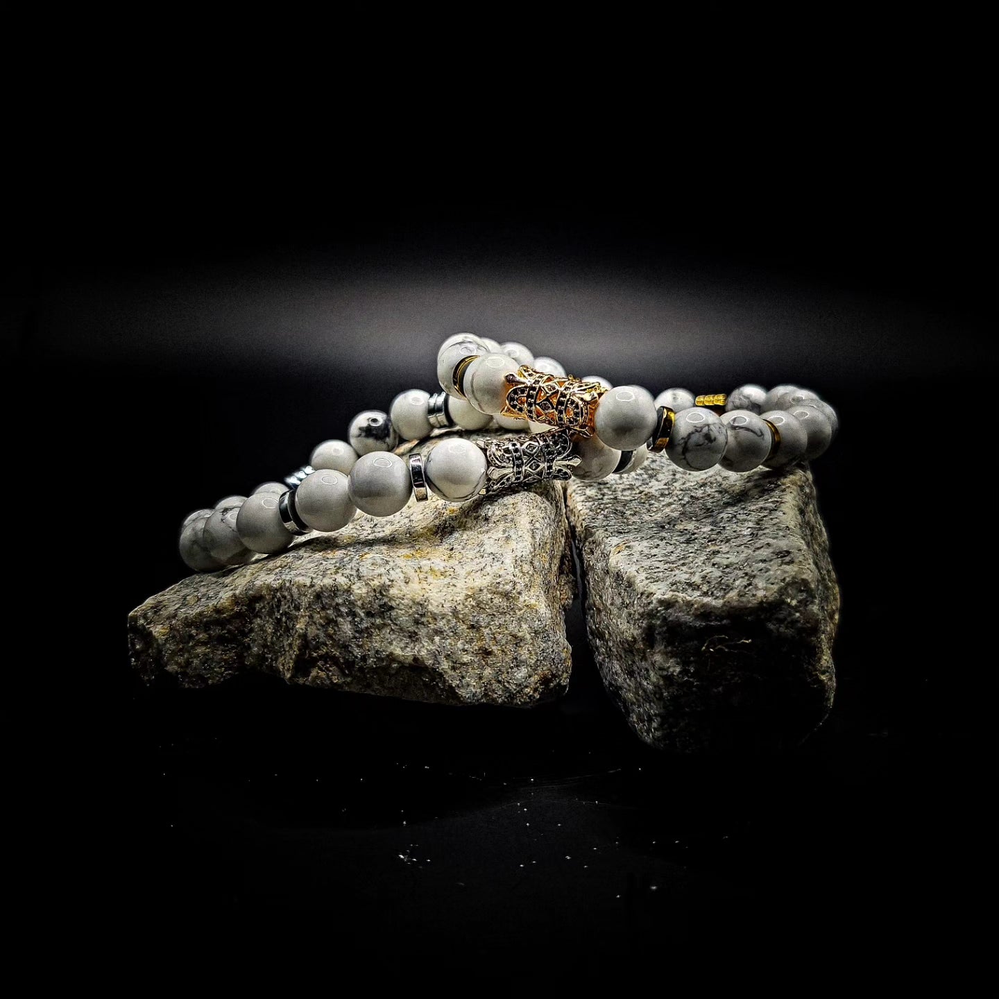 10mm White Howlite and Matte Onyx Stretch Bracelet(Calmness and Protection)