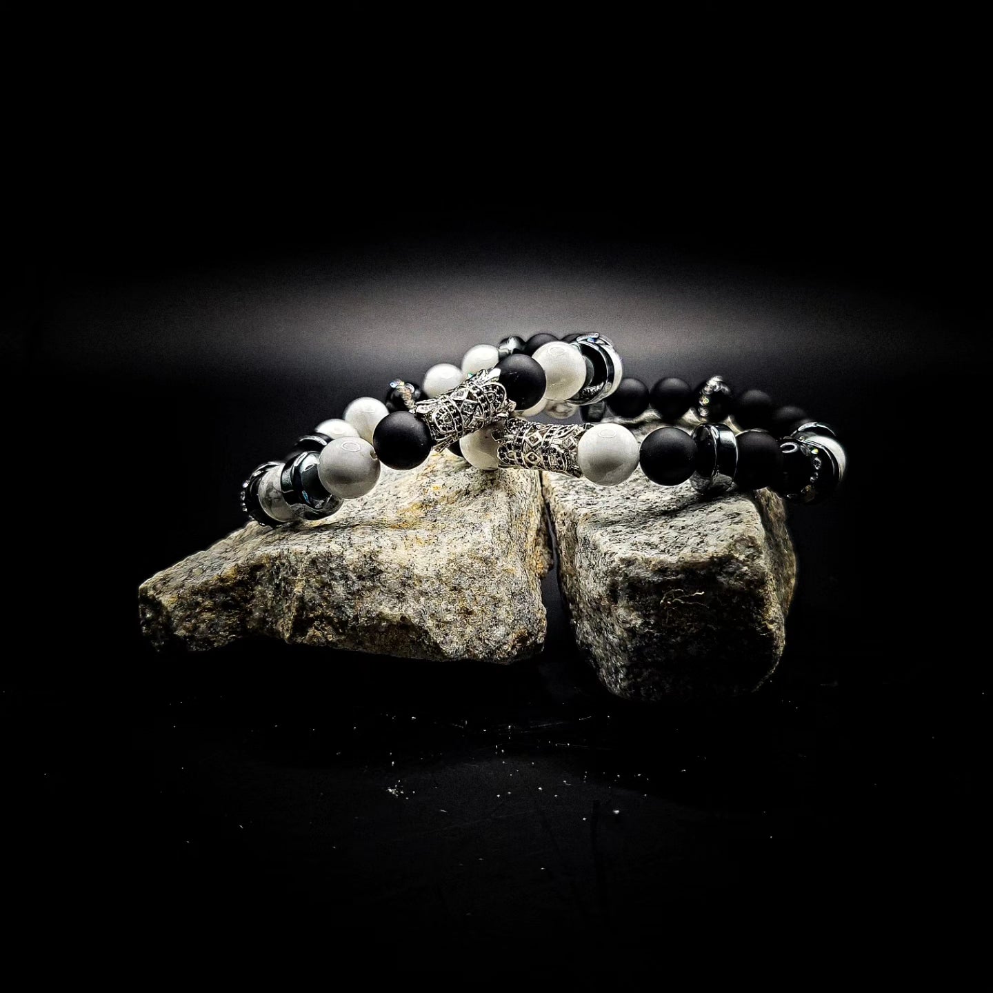 Men's 10mm 2 piece Matte Onyx and White Howlite Bracelet set
