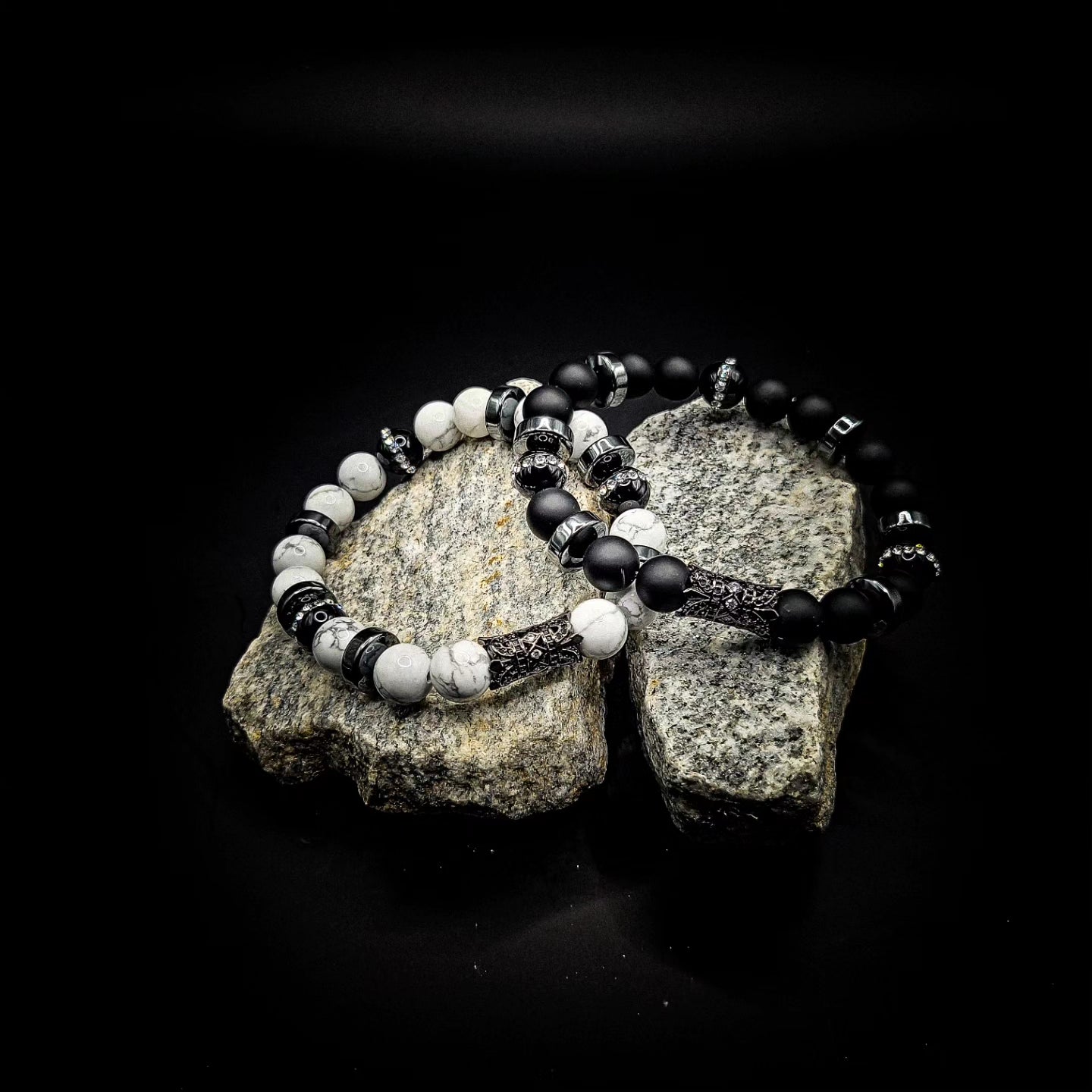 Men's 10mm 2 piece Matte Onyx and White Howlite Bracelet set