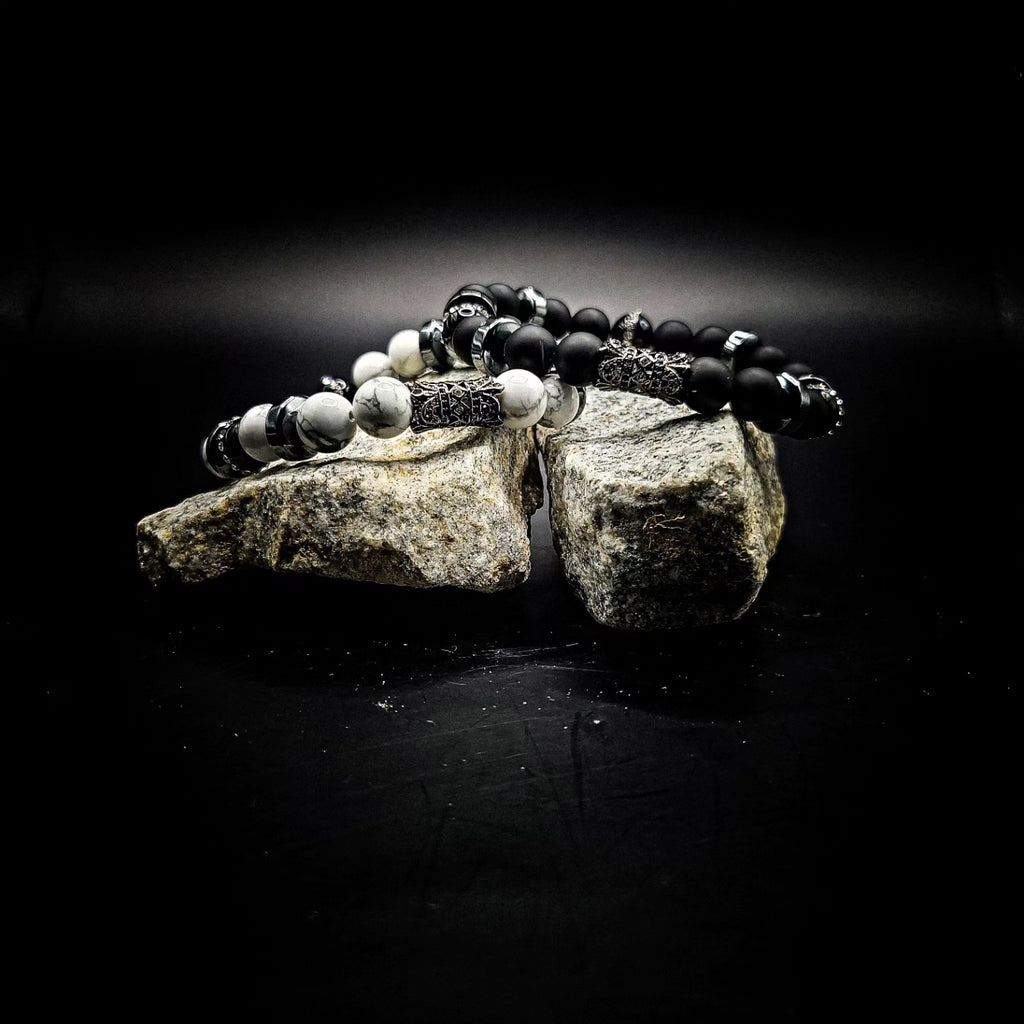 Men's 10mm 2 piece Matte Onyx and White Howlite Bracelet set