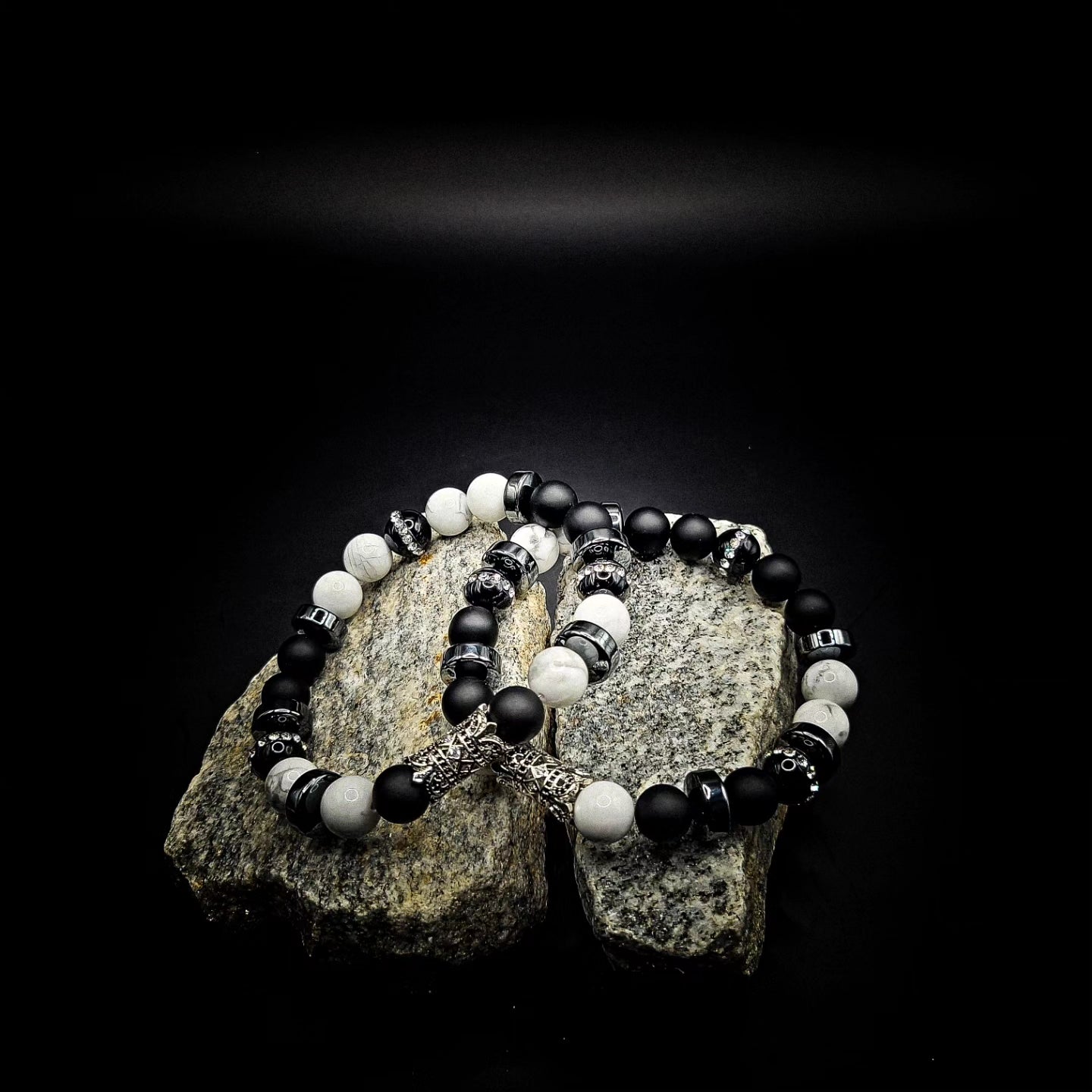 Men's 10mm 2 piece Matte Onyx and White Howlite Bracelet set