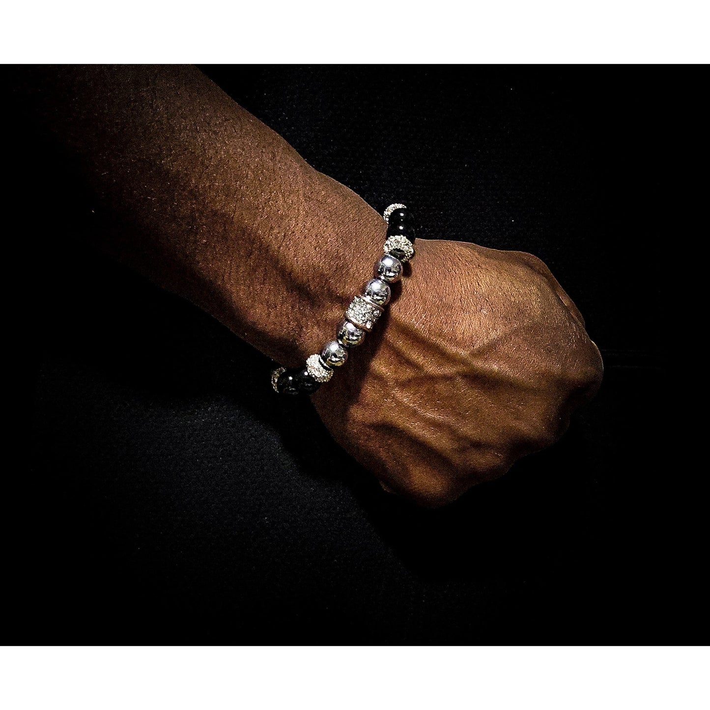 Black Agate Stretch Bracelet ( Silver Hematite)