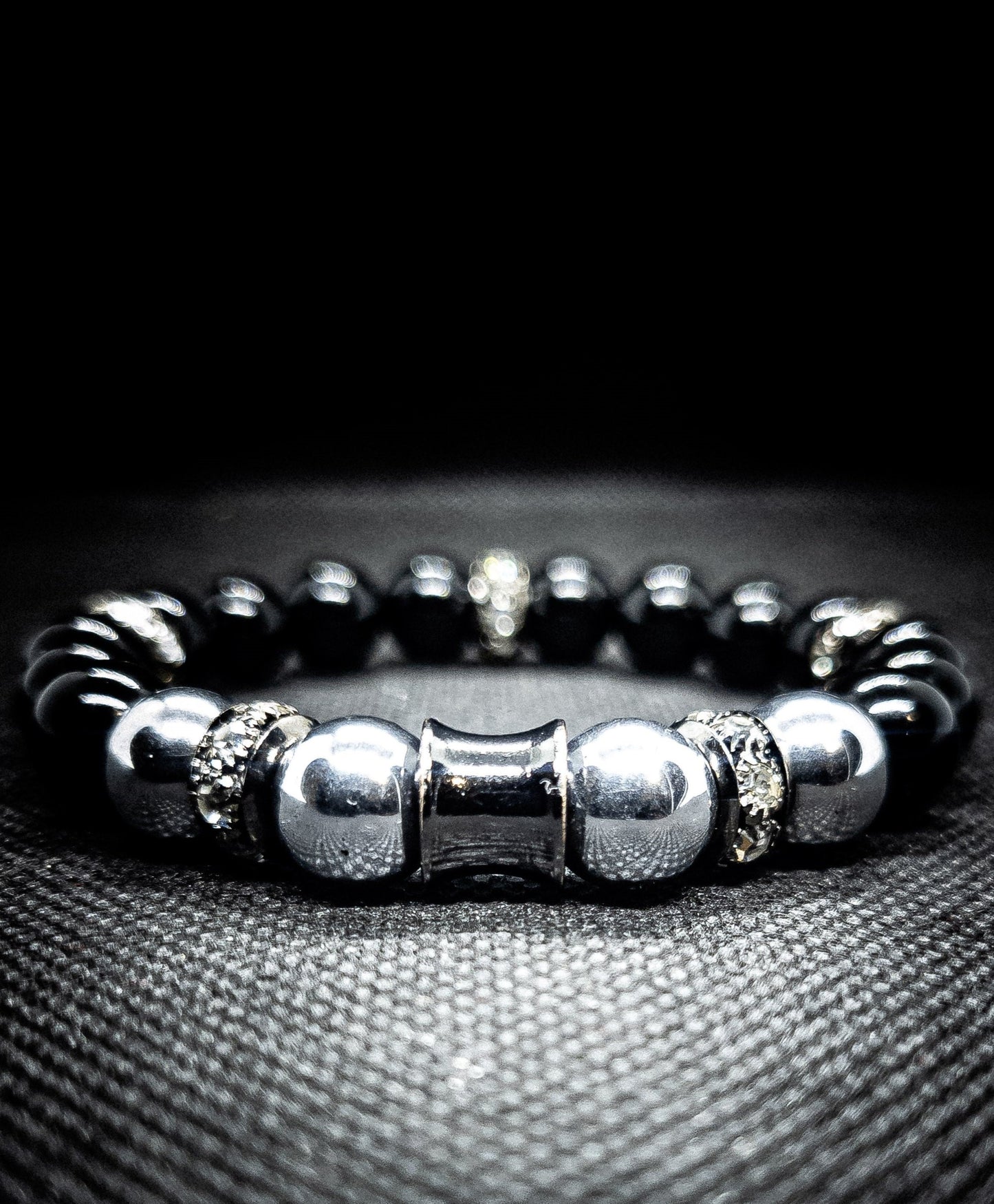 Black Agate Stretch Bracelet (Silver Hematite)